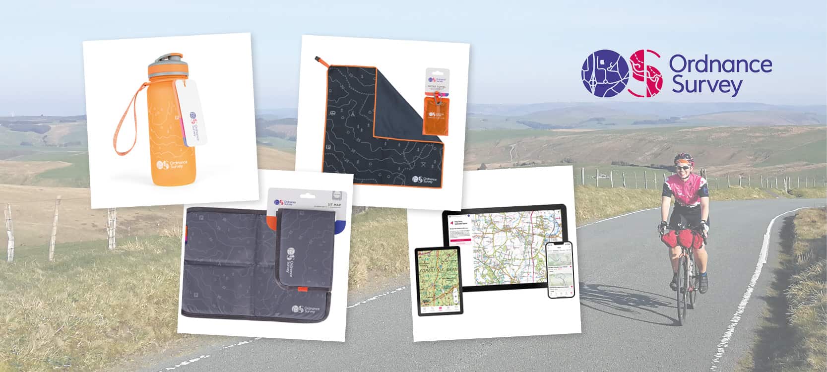 12th prize Ordnance Survey bike accessories bundle (water bottle/sit map/micro towel/12 months access to OS Maps Premium) worth £75