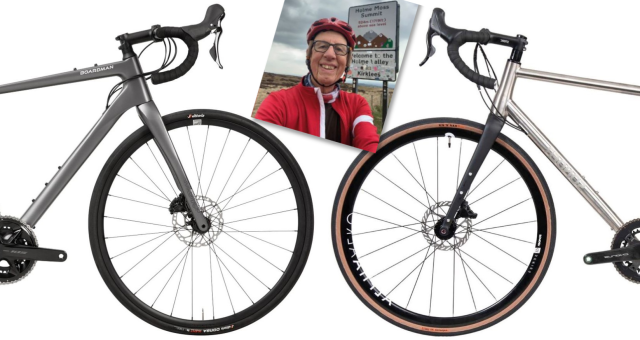 A composite image of the front of two road bikes facing each other, a grey one on the left and a silver one on the right. In the middle is a snapshot of a man wearing a red cycle helmet and red cycling jacket