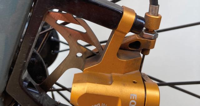 Growtac Equal mechanical disc brake in situ on the front wheel of a bike