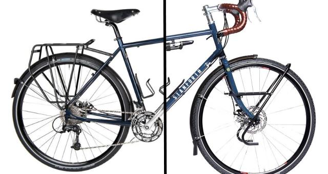 A composite image showing the back of the Spa Cycles Wayfarer 9SPD Cable Disc and front of the  Stanforth Skyelander Disc touring bikes recommended