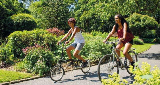 Two women riding bikes through a park