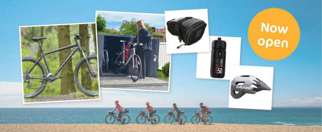 Selection of prize images including a bike and bike storage overlayed on top of an image of four cyclists on a beach
