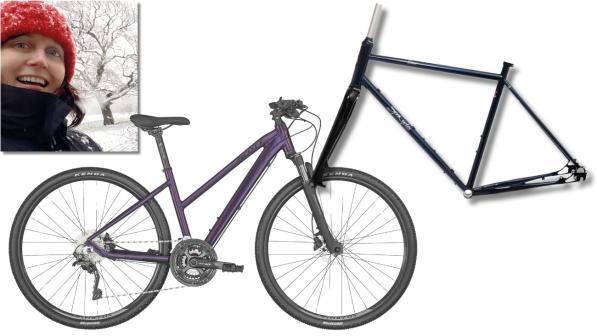 A composite image showing a headshot of Sarah McClelland, the Scott Sub Cross 10, a purple flat-bar hybrid bike, and the frame of the the Spa Cycles Elan 725 Mk1 Flat Bar Sora 9-speed Triple