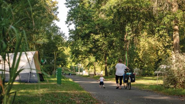 A woman wheeling a packed touring bike is walking along a path with a toddler. They're in a country campsite and there are tents and trees along the path. It's sunny and the shadows make it look like it's early morning