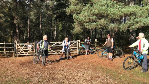 Five cyclists in a clearing at an entrance to a woodland area in autumn